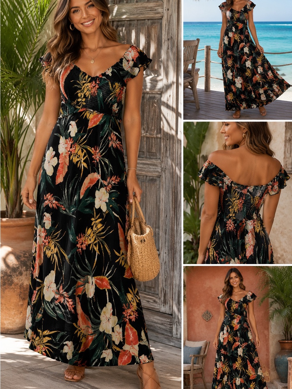 Maxi dress - Patrons of Peace Black Tropical Floral Off-Shoulder Size Large - Picture 1 of 7
